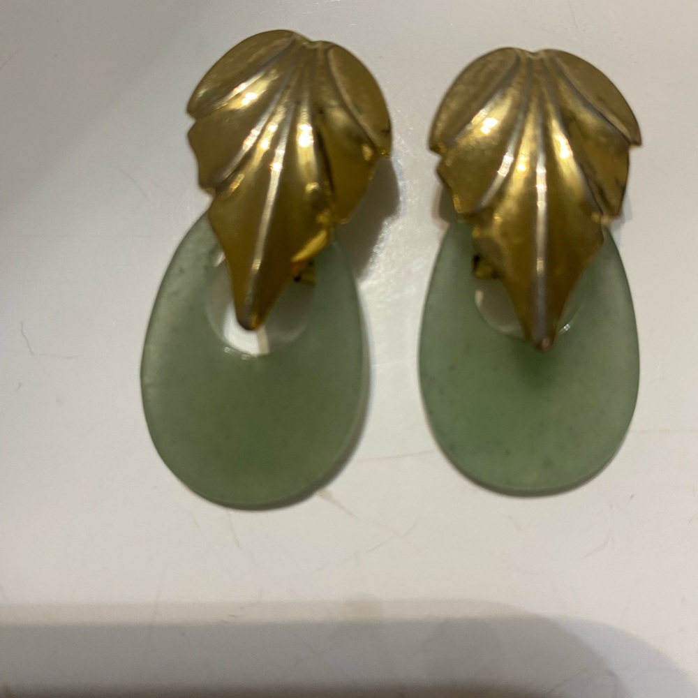 Gold Leaf Drop Earrings with Sea Glass Green Hoops - Picture 2 of 3